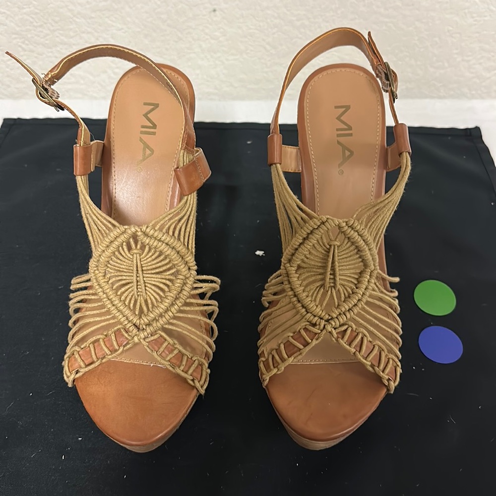 MIA Tan Macrame Wedge Sandals